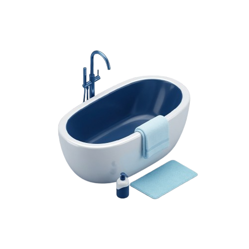 3D illustration of a bathtub with faucet, towel and bath mat
