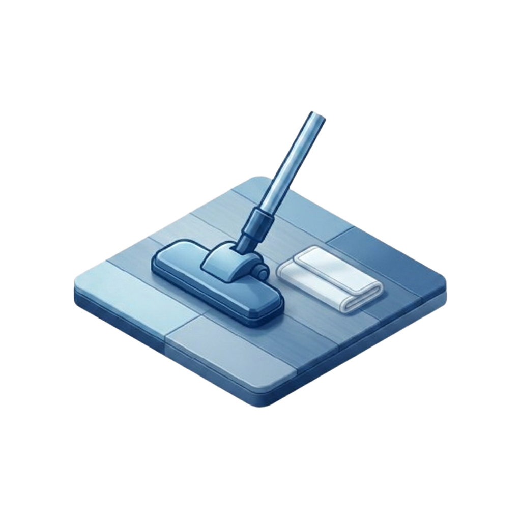 3D illustration of a floor panel with vacuum head, cloth and brush