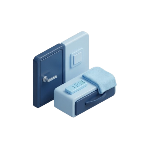 3D illustration of a door handle, light switch and remote control