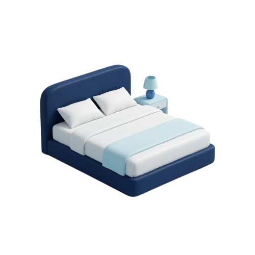 3D illustration of a made bed with nightstand and lamp