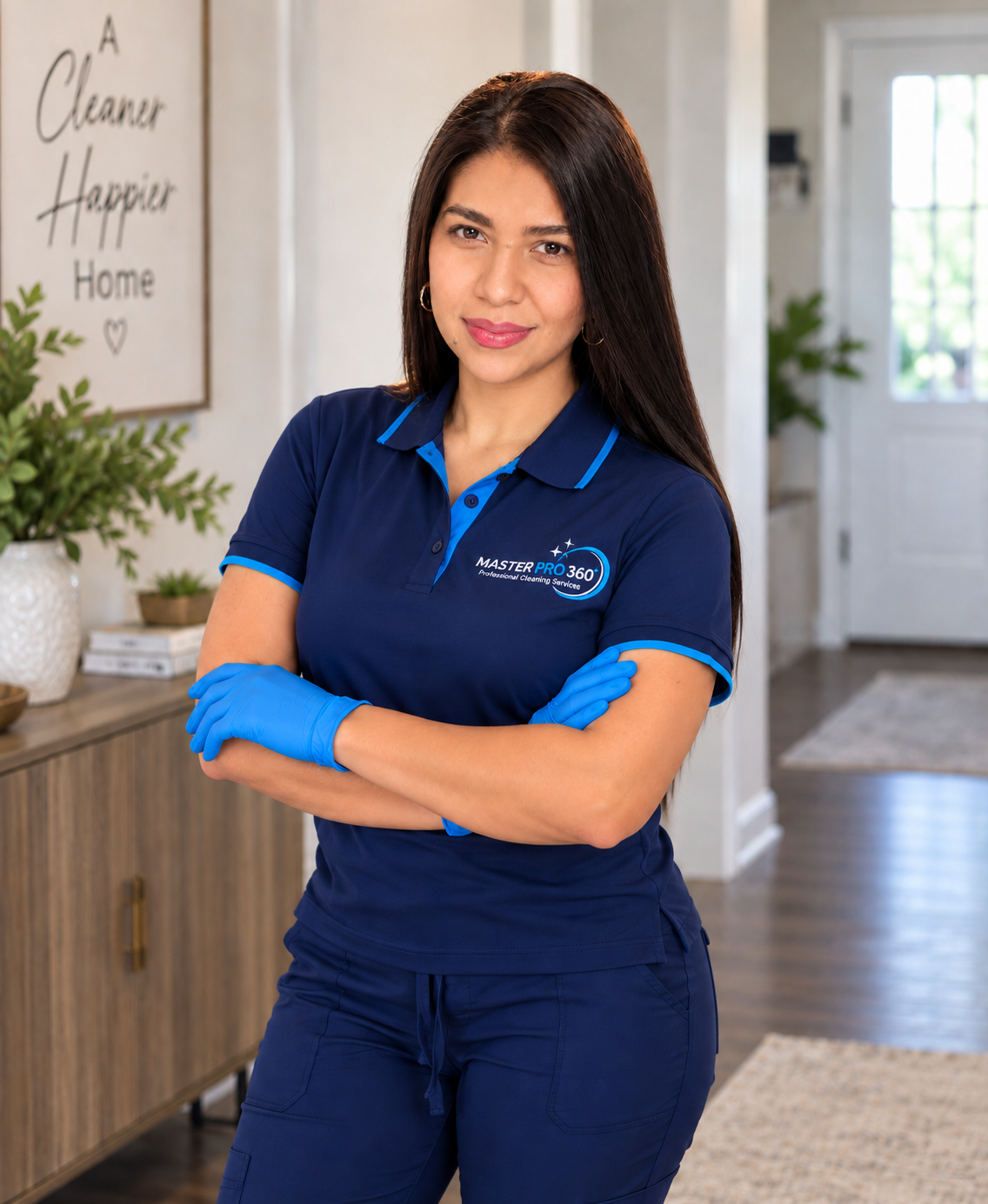 Marian, owner of Master Pro 360, in the navy company uniform with blue cleaning gloves, arms crossed in a bright home