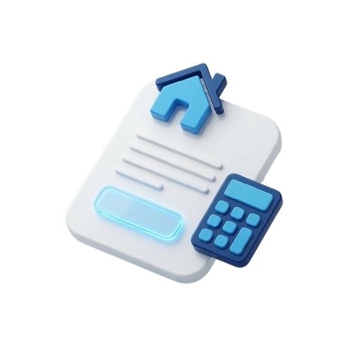 3D illustration of an estimate document with a calculator and house icon