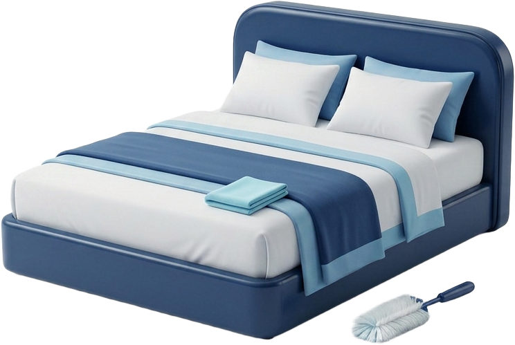 3D illustration of a made bed with a duster