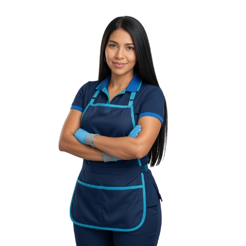 Portrait of Marian, the owner of Master Pro 360, in a navy uniform and apron with arms crossed