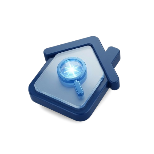 3D illustration of a house with a magnifying glass reviewing its condition