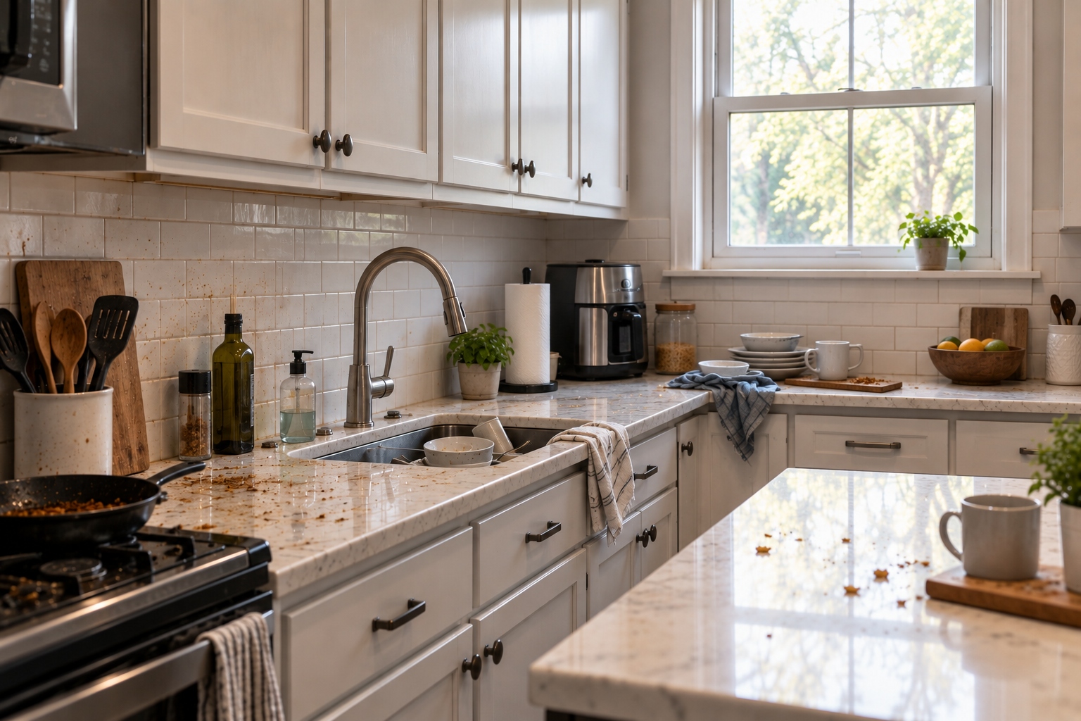 Kitchen with spills, crumbs and clutter before professional cleaning