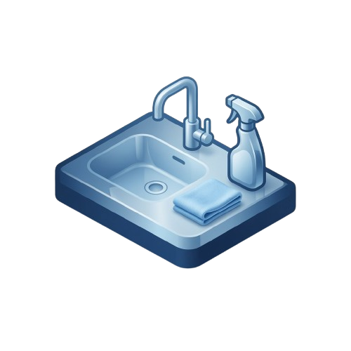 3D illustration of a kitchen sink with faucet, cloth and spray bottle