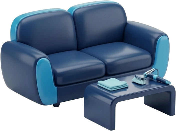 3D illustration of a sofa and coffee table with cleaning cloth