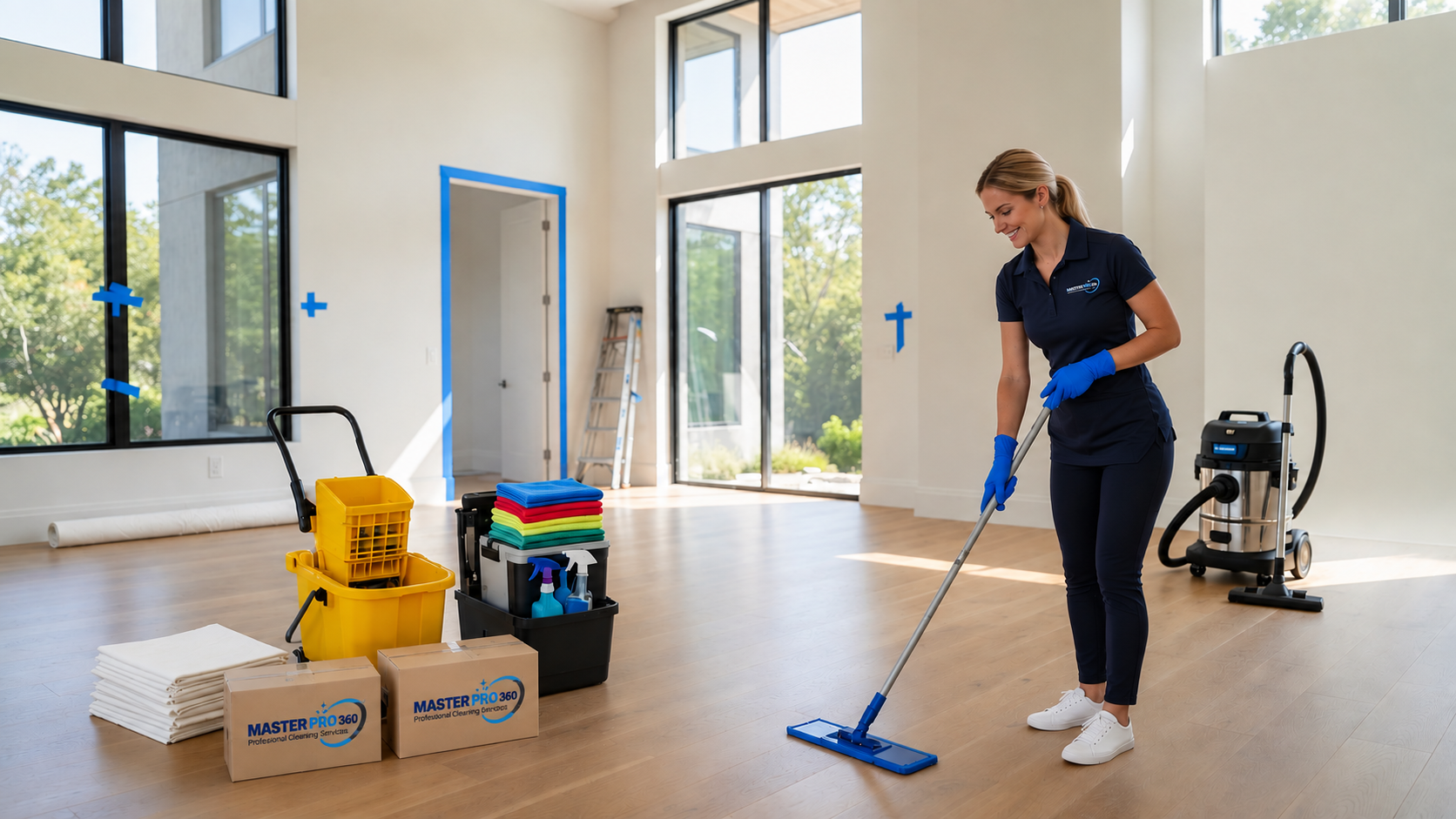 Master Pro 360 cleaning professional mopping a bright newly built home