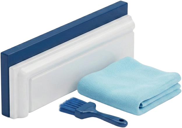 3D illustration of a squeegee, detail brush and folded cloth