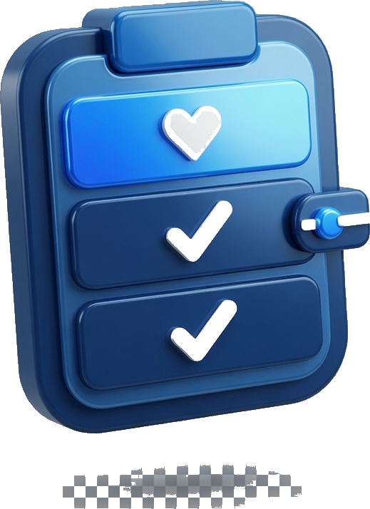 3D illustration of a clipboard with a heart, checkmarks and a toggle