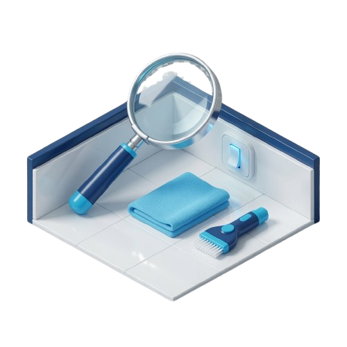 3D illustration of a cleaned corner surface with a brush, cloth and checkmark