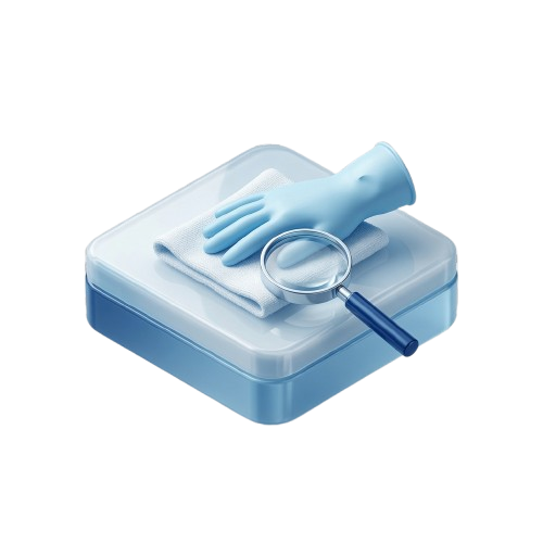 3D illustration of a folded cloth, cleaning glove and magnifying glass representing attention to every detail
