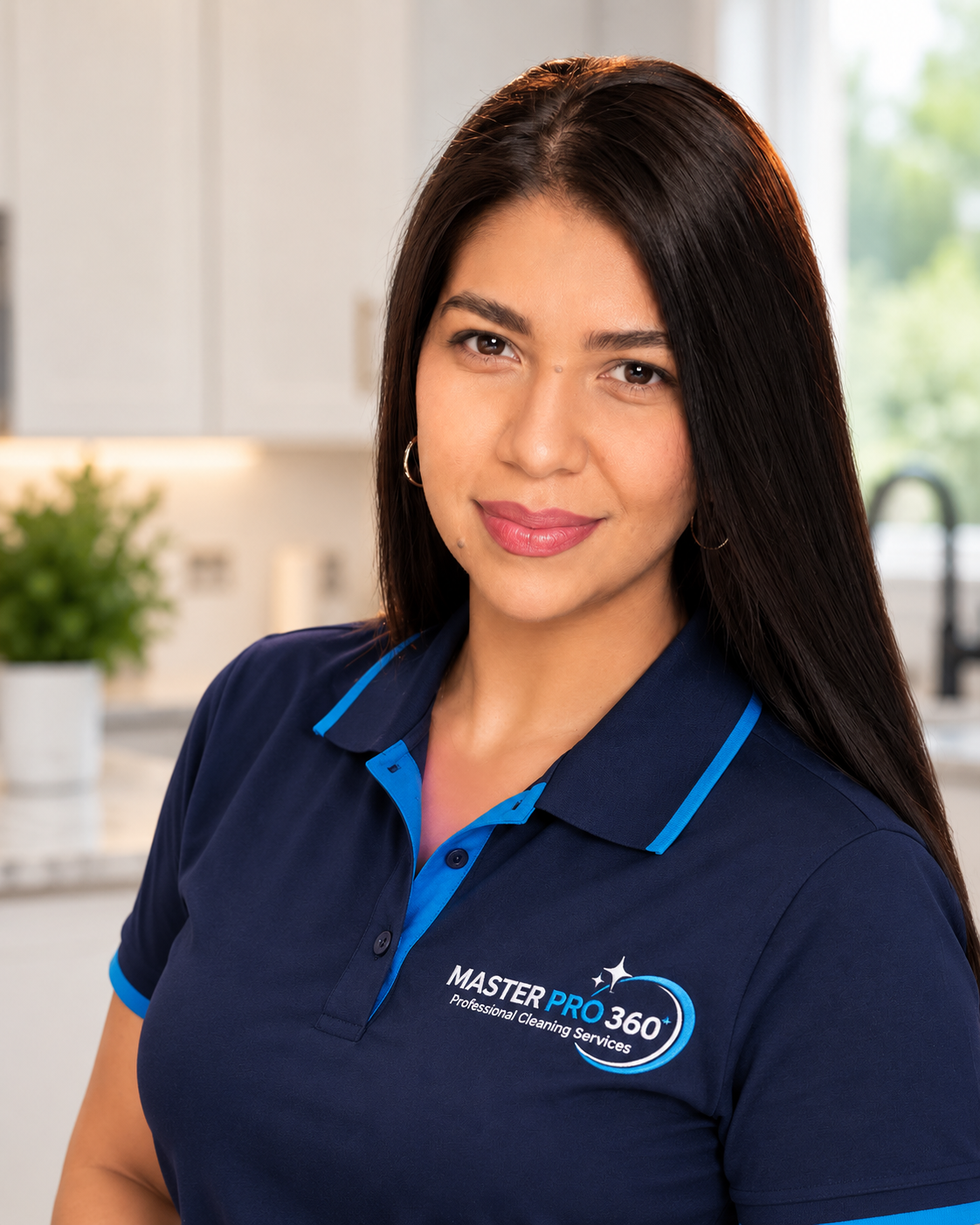 Marian, owner of Master Pro 360, in the navy company uniform inside a bright modern kitchen