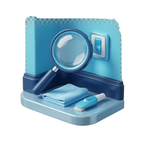 3D illustration of a magnifying glass with cleaning cloth and brush representing a cleaning review