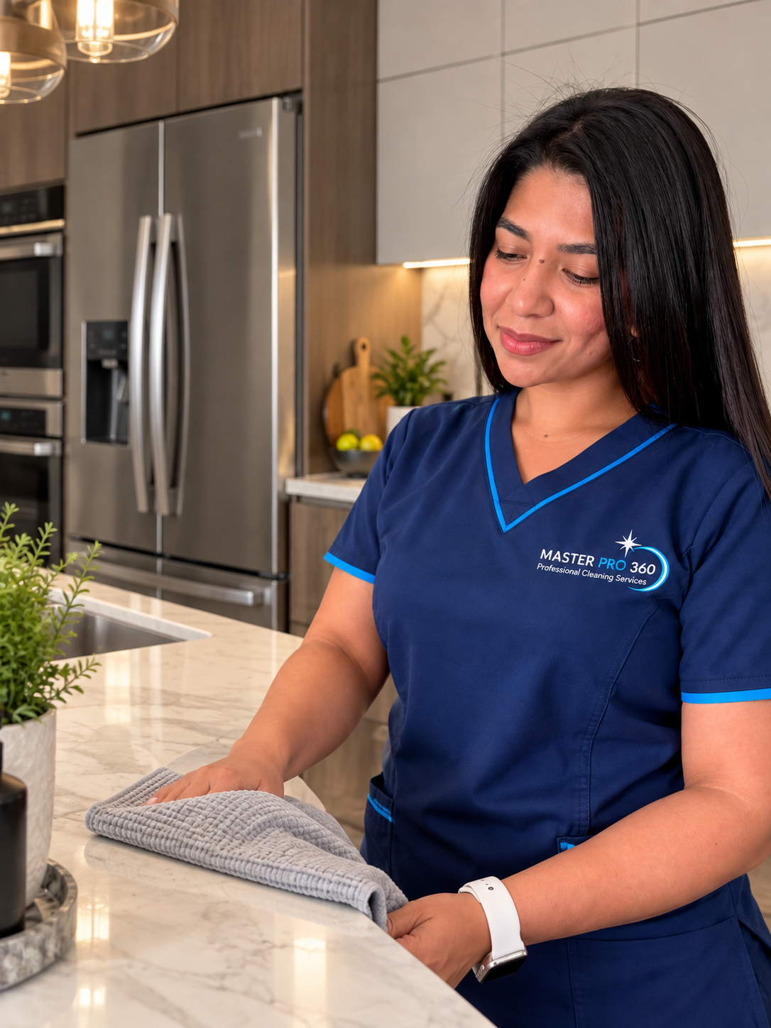 Marian, owner of Master Pro 360, wiping a marble kitchen countertop in a modern home while wearing the navy Master Pro 360 uniform