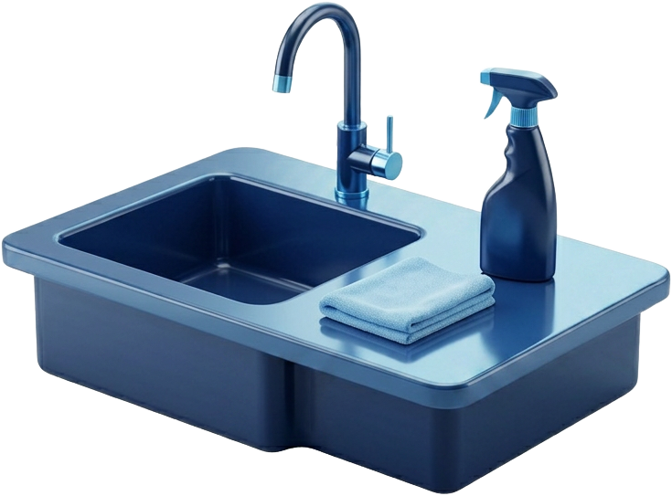 3D illustration of a kitchen sink with spray bottle and cloth