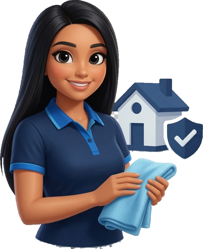 Mía, the Master Pro 360 mascot, holding a cloth beside a home and shield