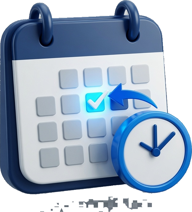 3D illustration of a calendar with a checkmark and a clock