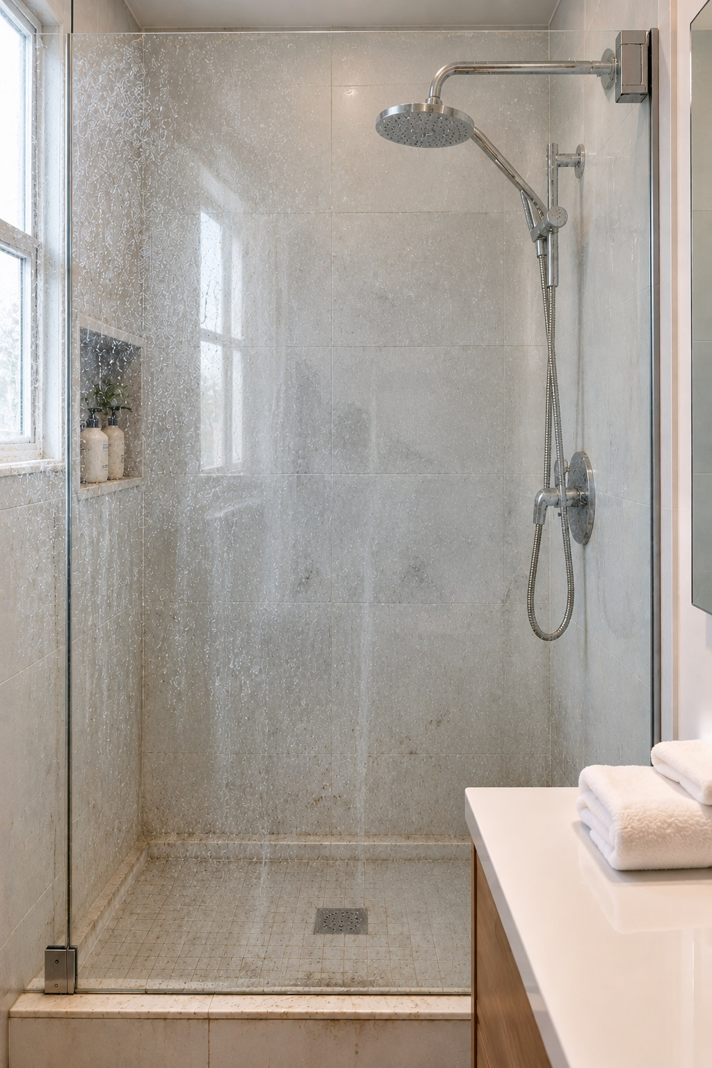 Bathroom with soap scum and water stains before cleaning