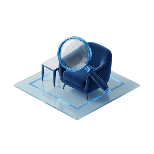 3D illustration of a magnifying glass over an armchair representing the current condition of the rental