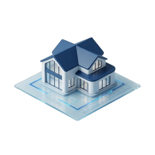 3D illustration of a house on a blueprint representing property size and layout