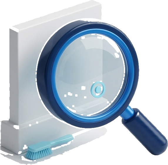 3D illustration of a magnifying glass inspecting a surface with a cleaning brush