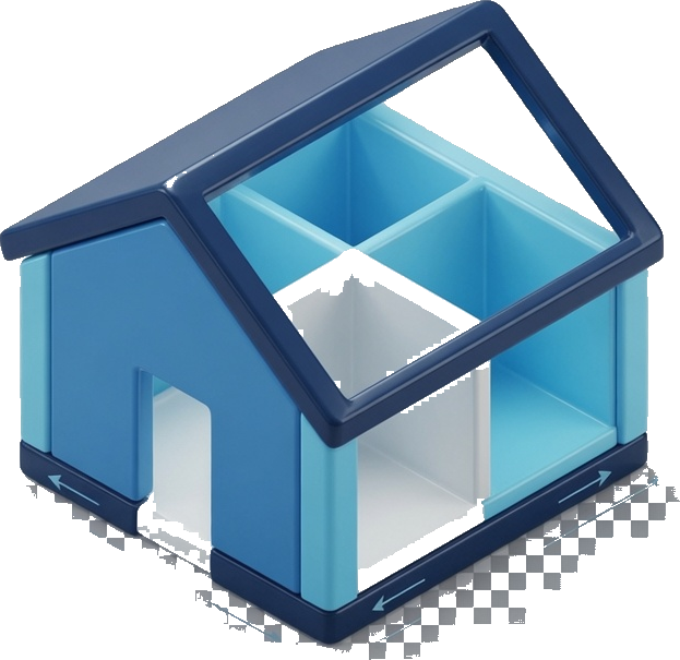 3D illustration of a house with blueprint arrows showing size and layout