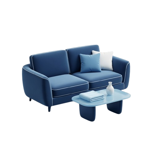 3D illustration of a navy sofa with cushions and a coffee table