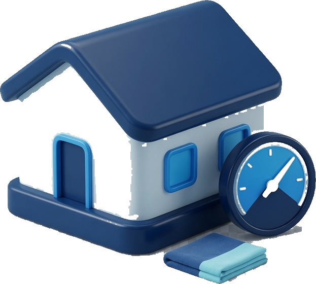 3D illustration of a house with a clock and folded cloth