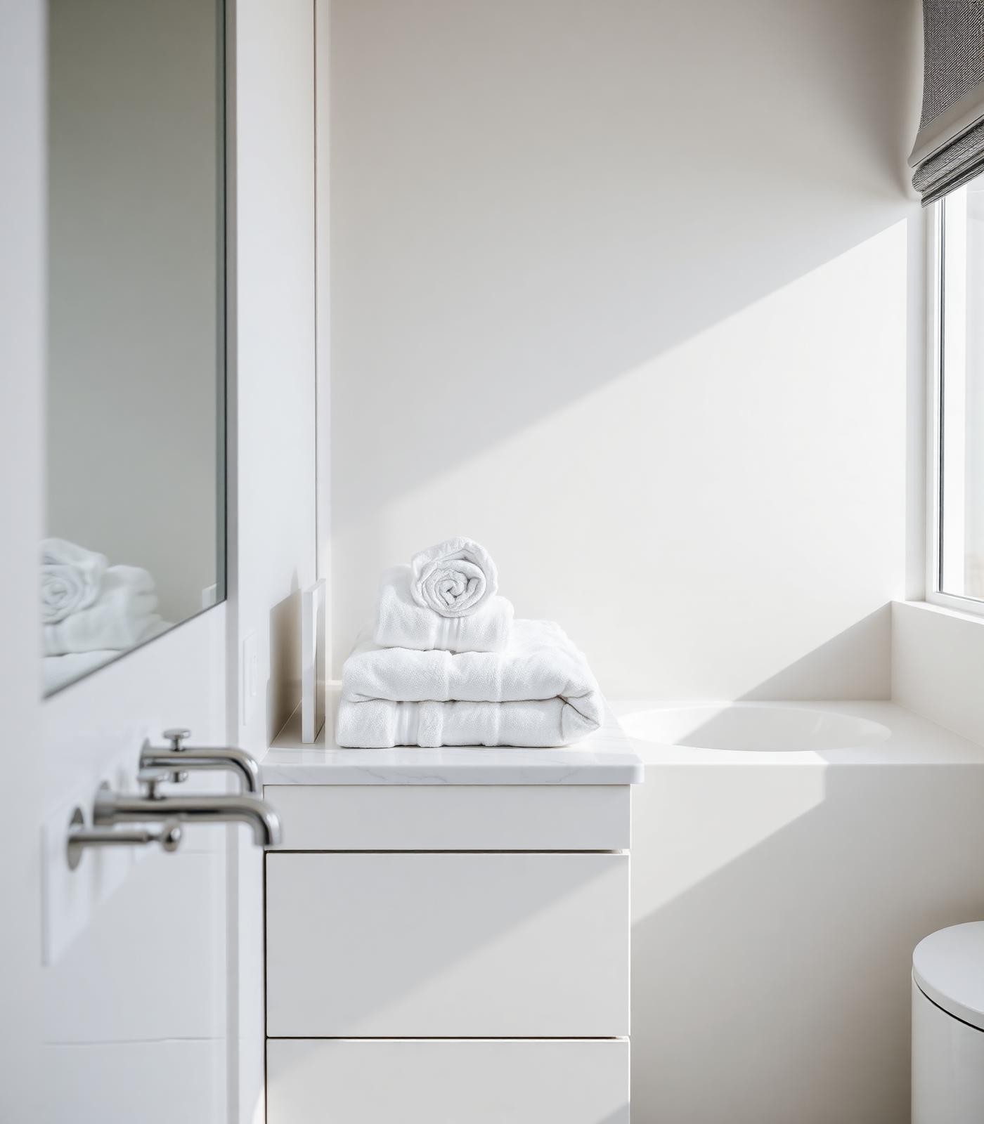 Close detail of a freshly cleaned rental bathroom with folded towels