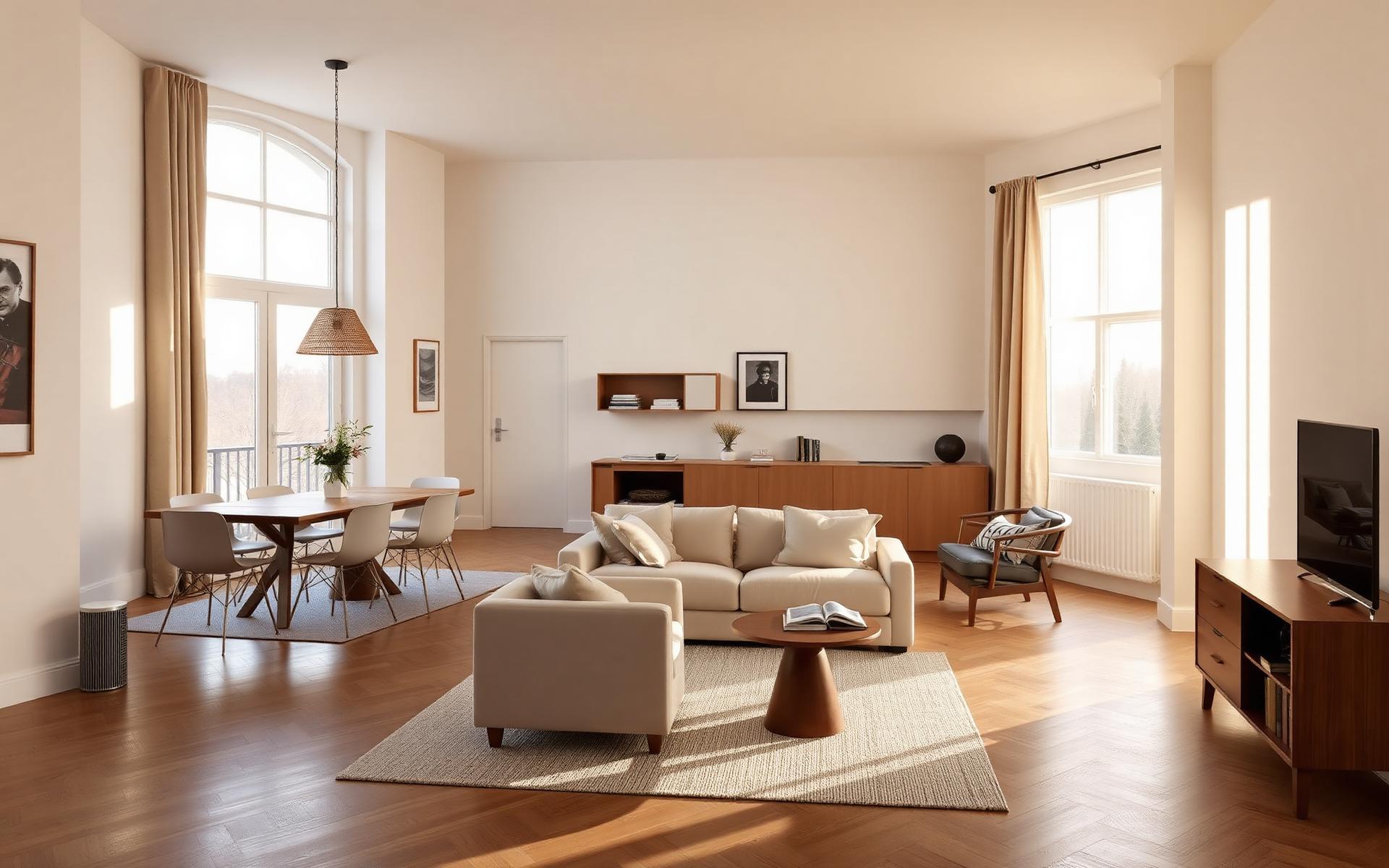 Open-plan short-term rental interior after a guest stay, orderly and awaiting cleaning