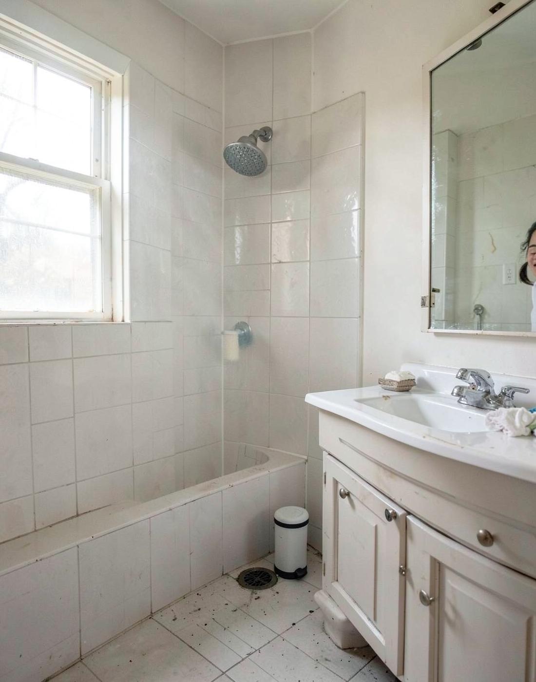 Cleaner detailing the shower and vanity of an empty bathroom