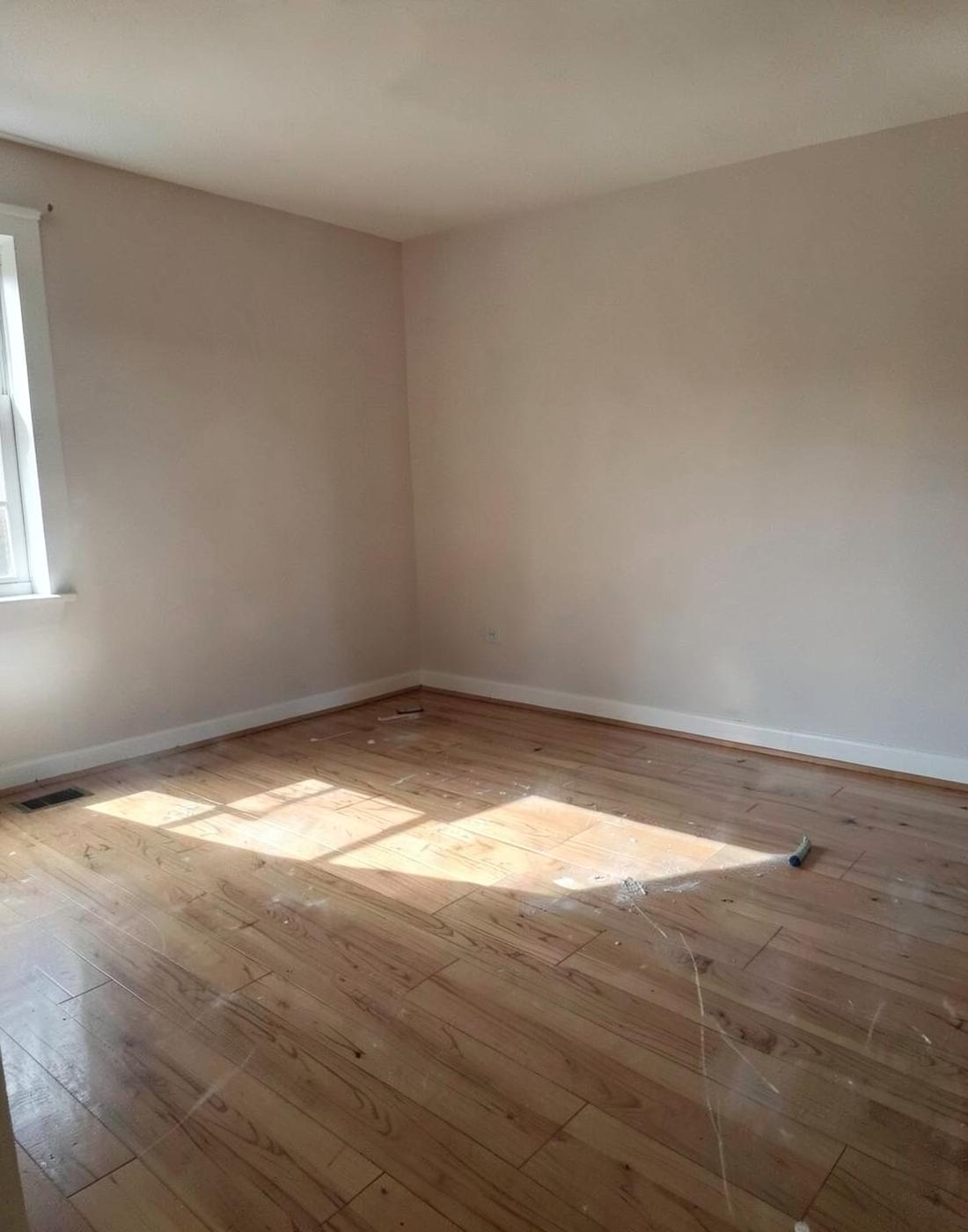 Empty living room floor being cleaned in bright daylight