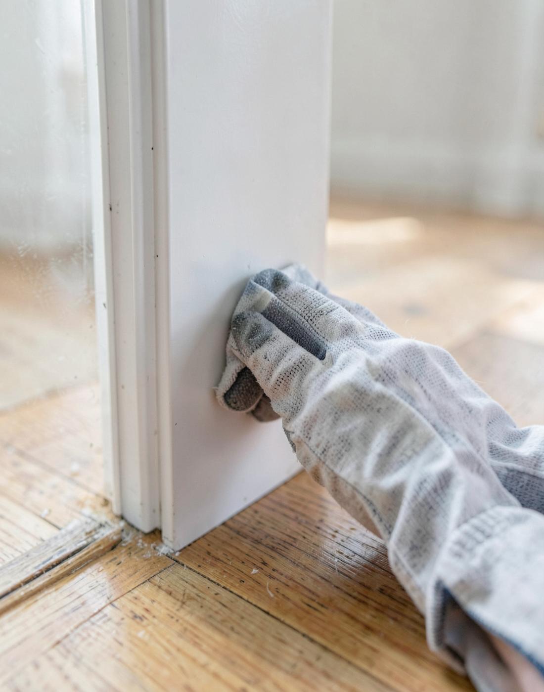 Close-up of a cloth wiping white baseboard and door trim in an empty room