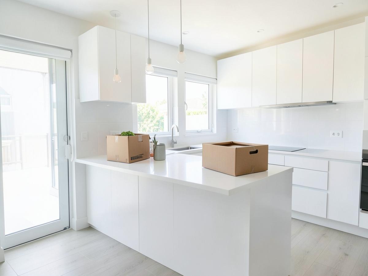 Spotless empty kitchen with moving boxes on the counter, ready for new residents