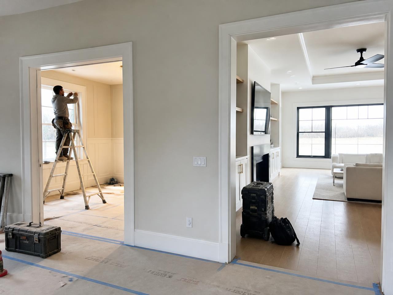Final-stage construction interior with trades finishing trim, staged tools and floor protection