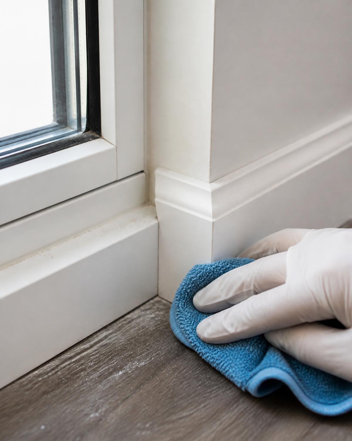 Gloved hand cleaning construction dust from a baseboard, window frame and floor edge