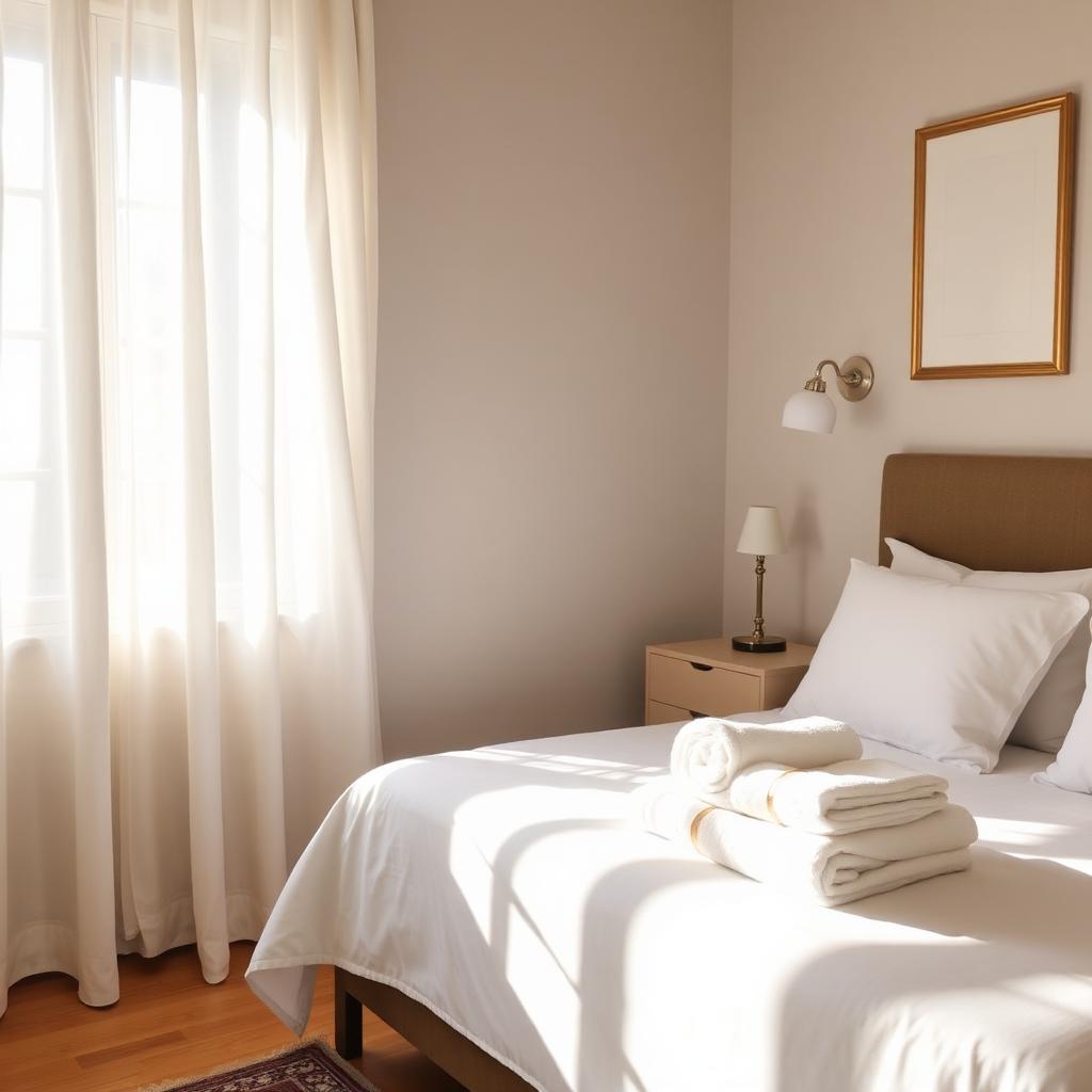 Beautifully staged Airbnb bedroom with crisp white linens and folded towels